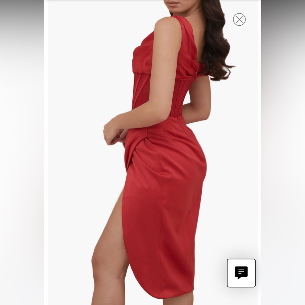 House of CB Lulu red dress- Red asymmetric draped corset midi satin dress - Picture 13 of 14